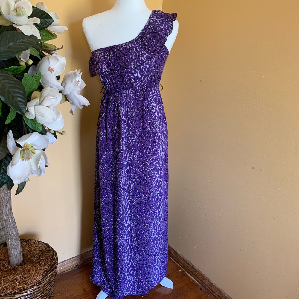 Belle du Jour Purple Cheetah Animal Print One Shoulder Maxi Dress Size Medium.